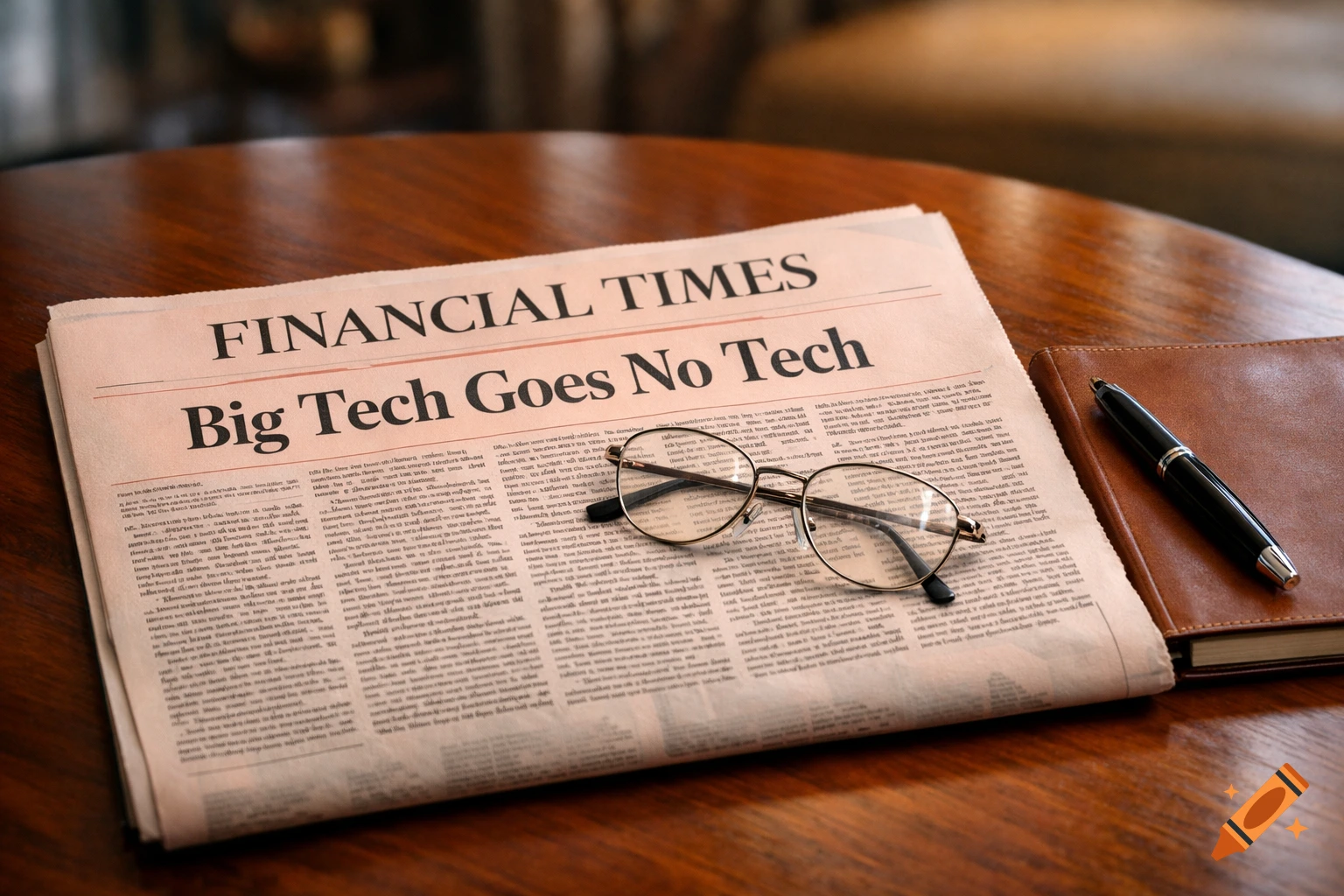 A Financial Times newspaper with the headline "Big Tech Goes No Tech", reading glasses, and a pen on a wooden table, photorealistic.