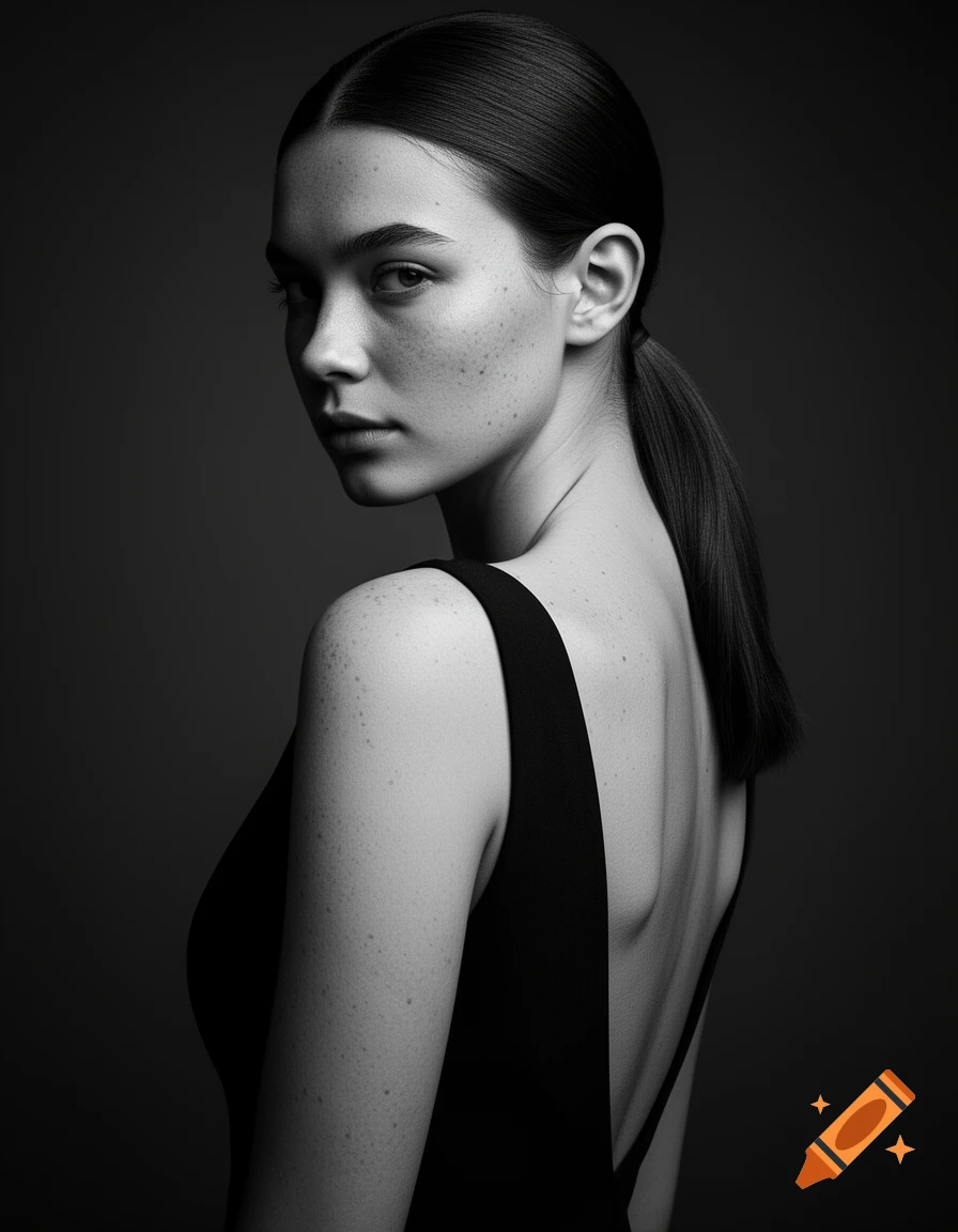 Black and white portrait of a young woman in a backless dress, looking over her shoulder with a calm expression.