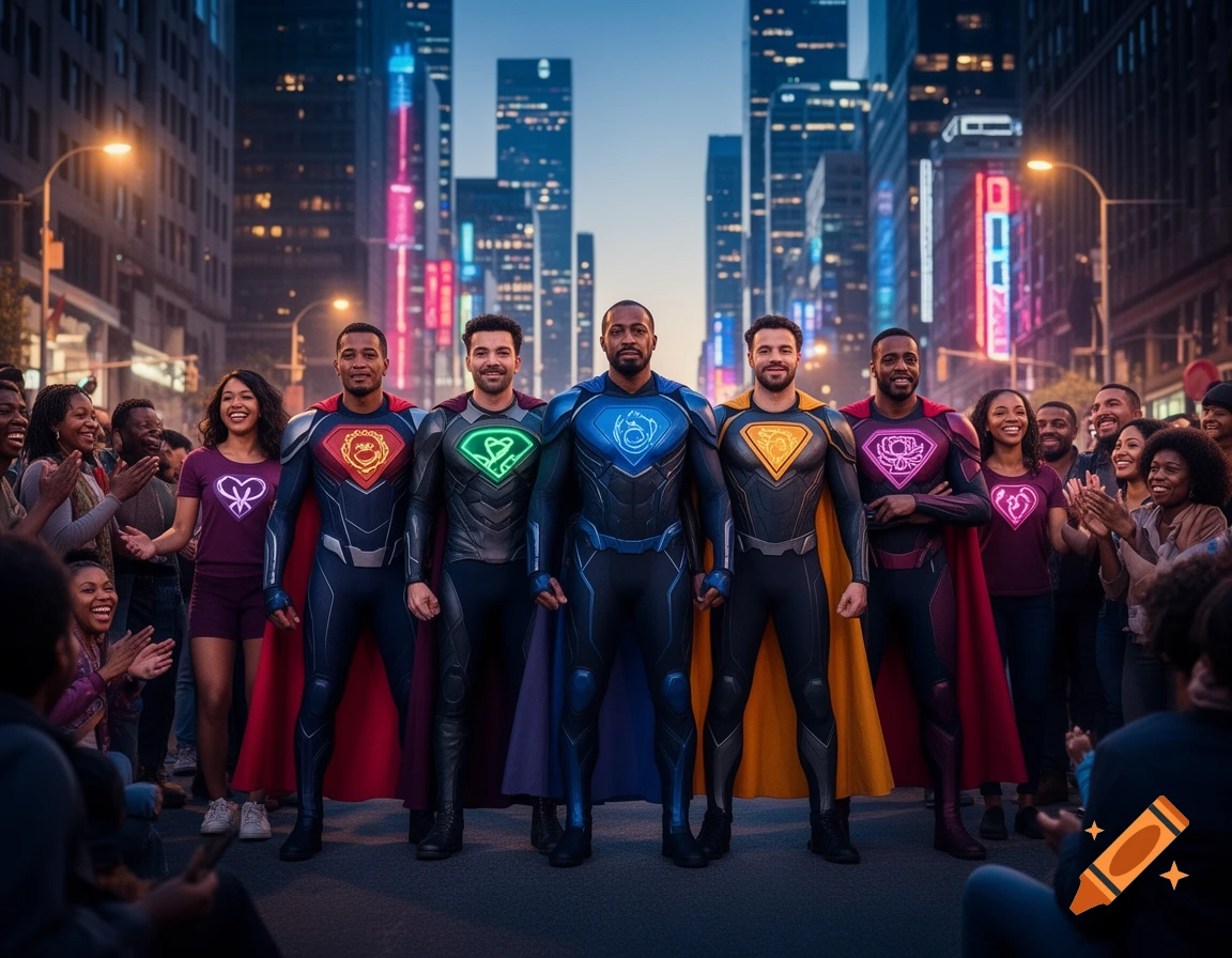 A diverse group of superheroes and civilians stand on a city street at dusk, with glowing symbols on their chests and shirts.