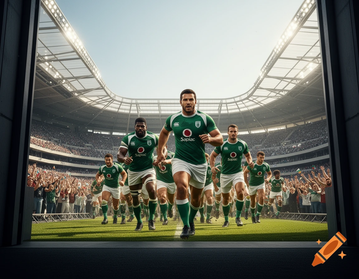 A photorealistic image of a rugby team in green and white jerseys running onto a packed stadium field from a tunnel.