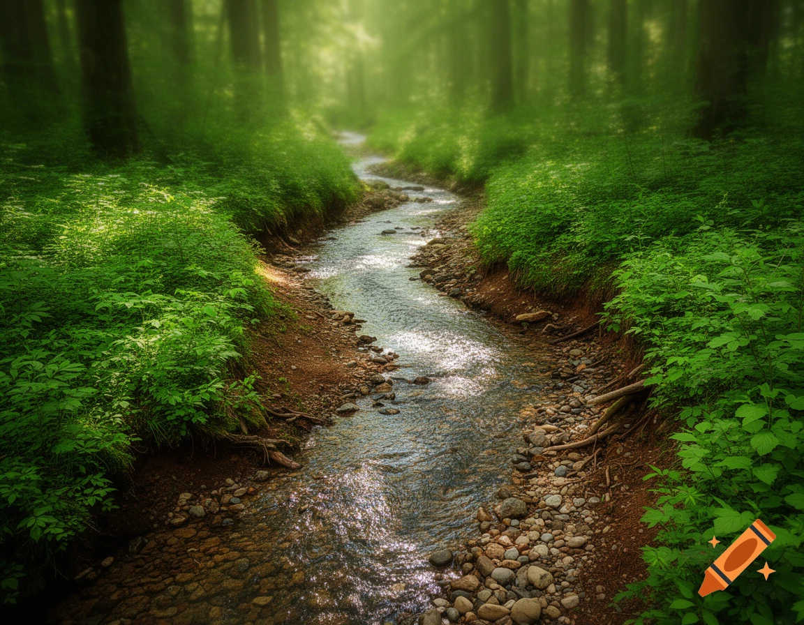 A tranquil stream meanders through a lush green forest, with dappled ...