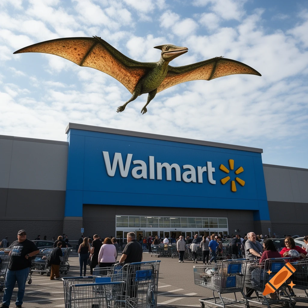 A large pterodactyl flies above a busy Walmart store with shoppers and shopping carts below. Photorealistic.