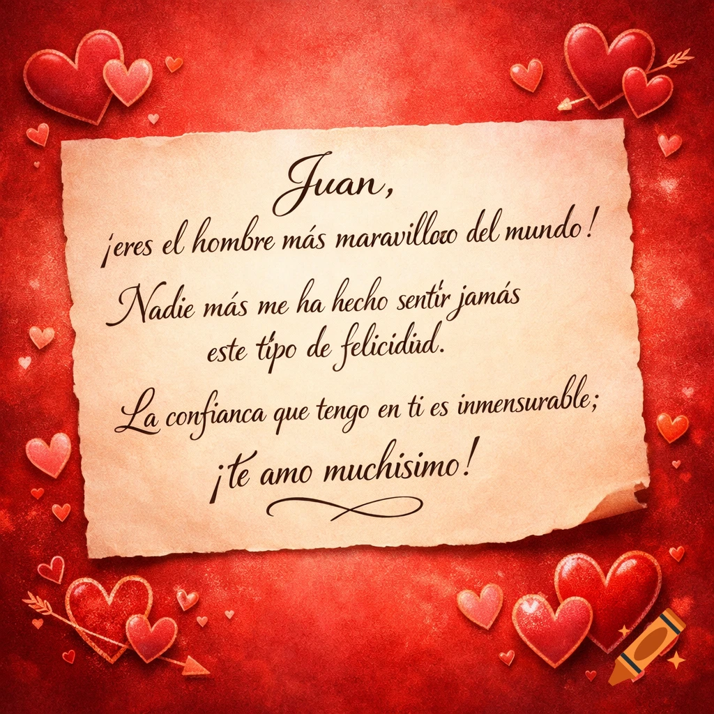 Romantic Spanish note on parchment with red hearts on a textured red background, expressing love.