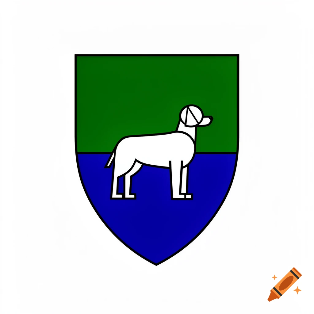 A minimalist white dog with a black outline standing on a blue field, below a green field, all within a shield-shaped coat of arms.