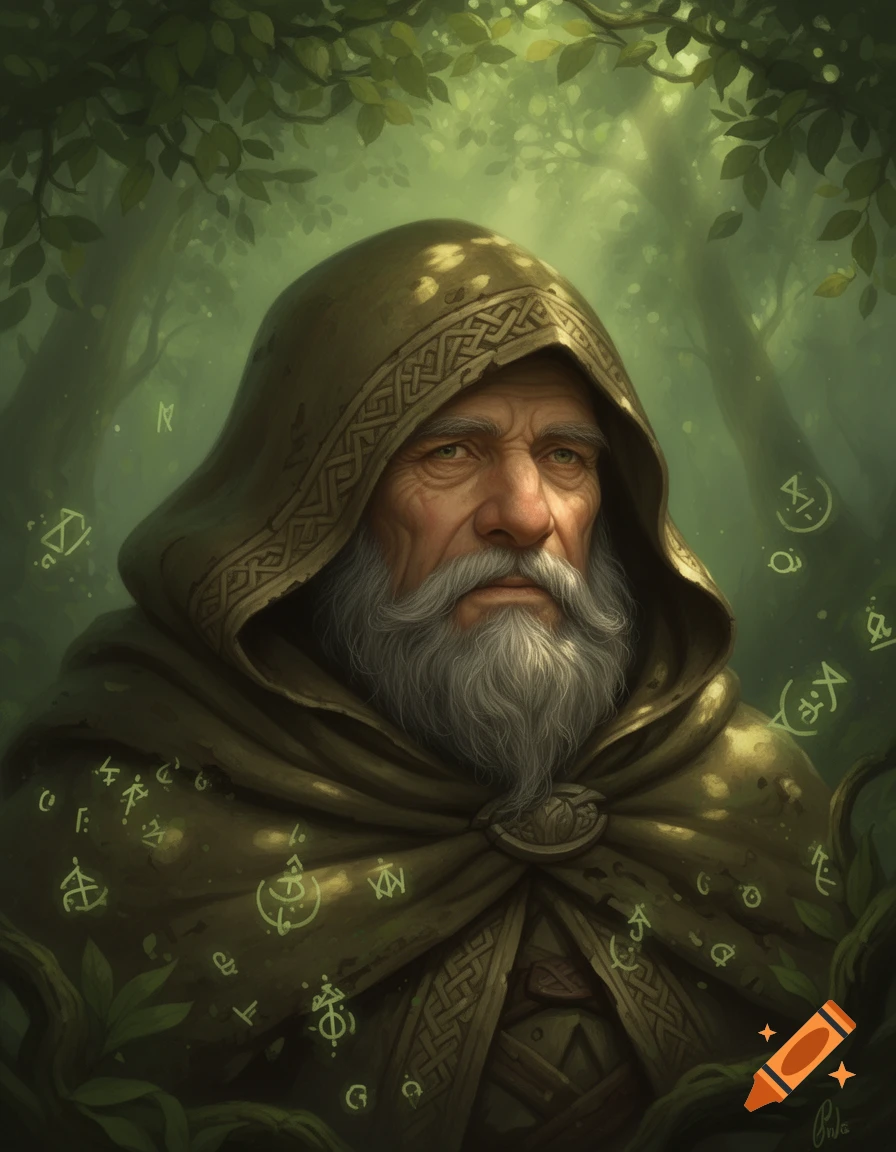 A fantasy portrait of an old, wise druid with a long white beard, wearing a green hooded cloak adorned with glowing mystical symbols, set in a magical forest.