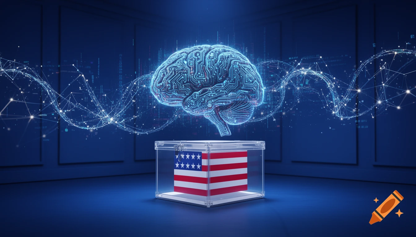 A glowing circuit-board brain floats above a transparent ballot box with an American flag, surrounded by digital data streams in a futuristic blue room.