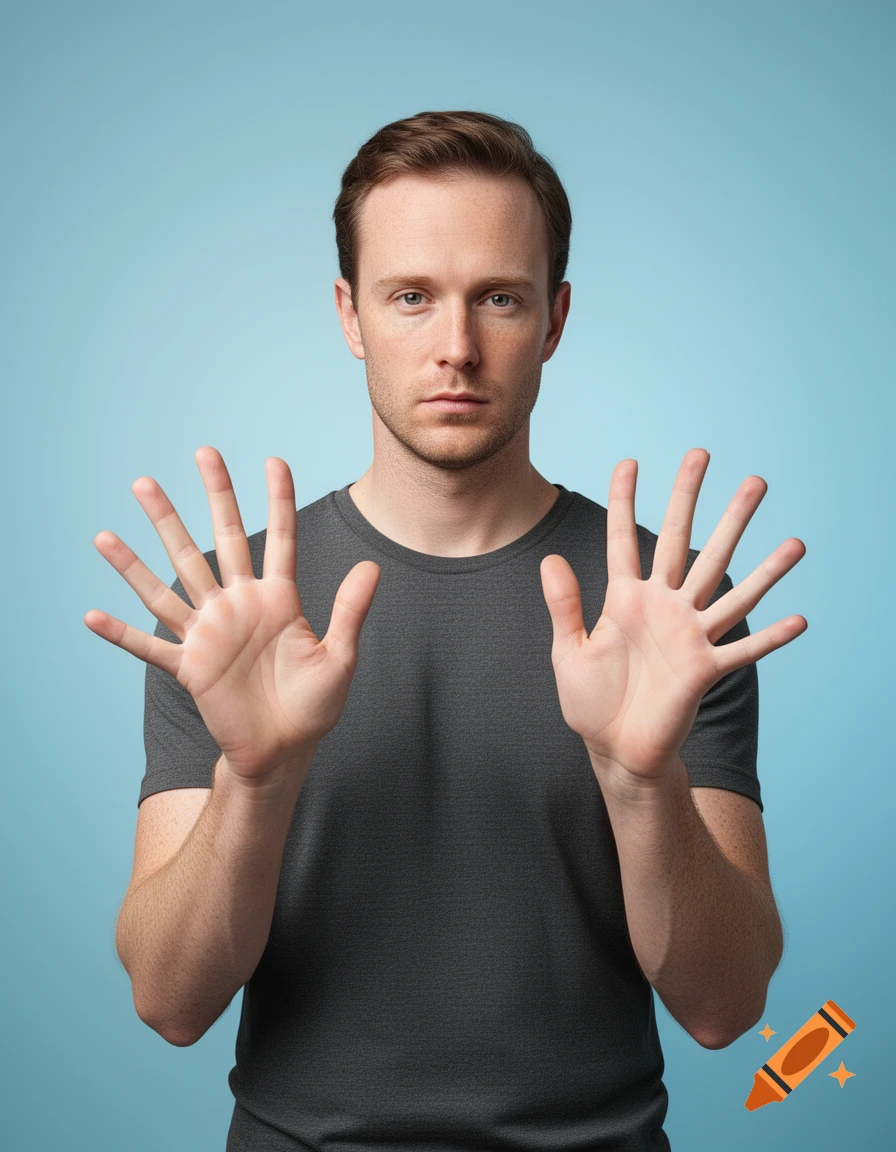 A man in a gray t-shirt with short brown hair and light stubble holds his hands up with palms facing forward, fingers splayed, against a light blue background.