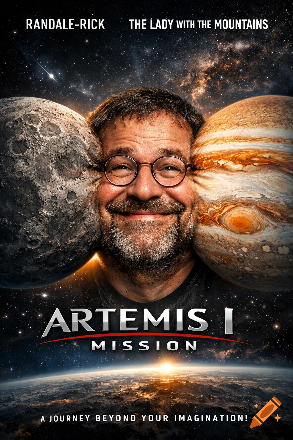 Movie poster for 'Artemis I Mission' featuring a smiling man with glasses squeezed between the Moon and Jupiter, cosmic background.