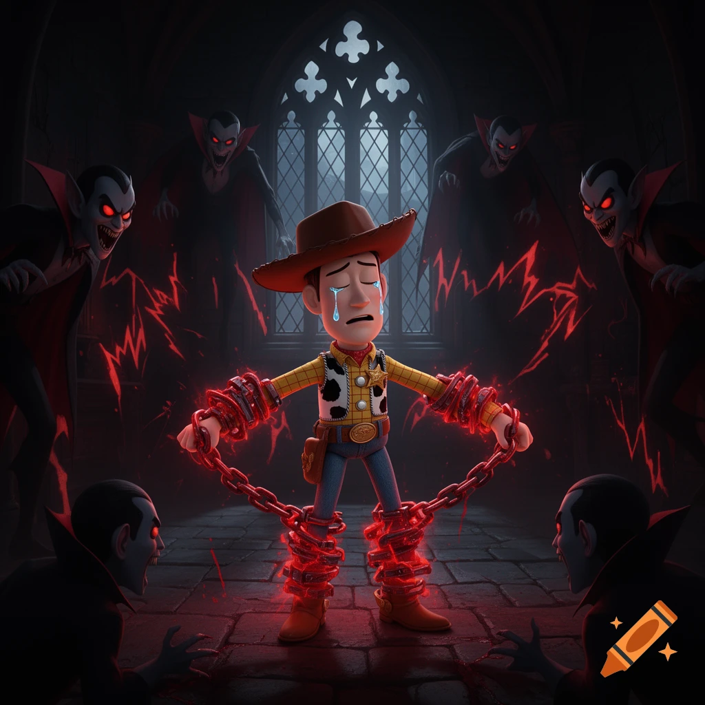 Woody from Toy Story cries in a dark gothic room, chained by glowing red chains, surrounded by five menacing vampires with red eyes.