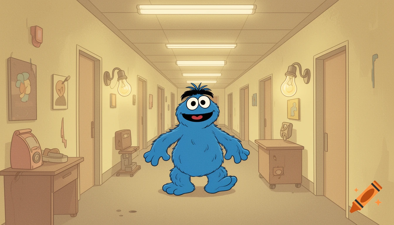 A blue fuzzy monster with big eyes and a wide smile stands in the middle of a long, dimly lit hallway with multiple doors in a retro cartoon style.
