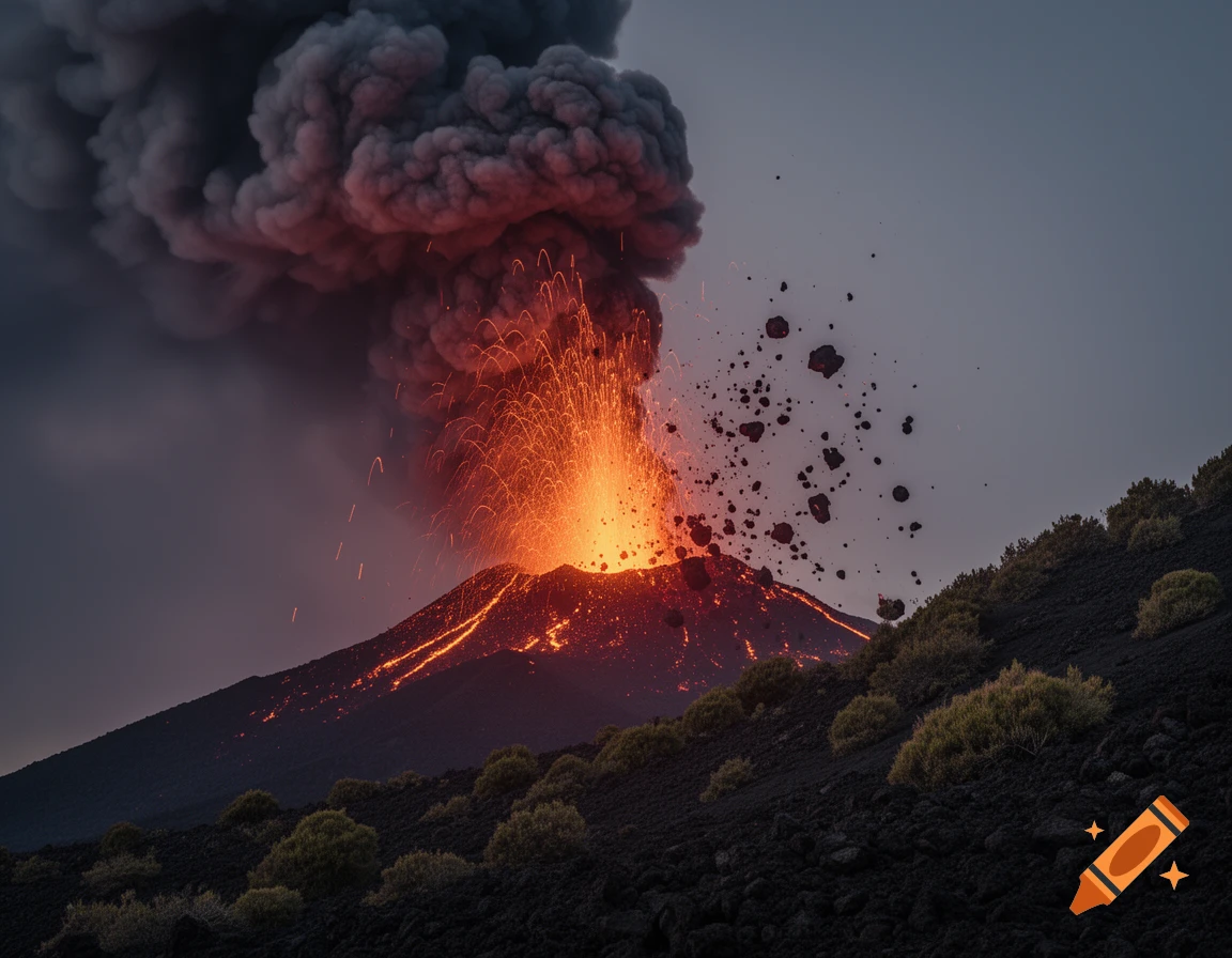 Photorealistic image of a dark volcano erupting, spewing bright orange lava, sparks, and dark smoke into a dim sky, with glowing lava flowing down its sides.