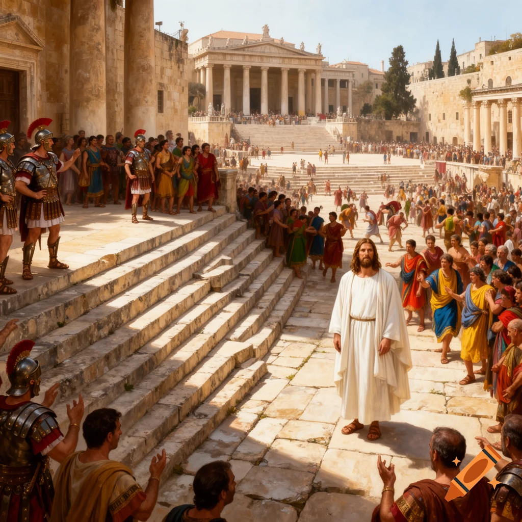 Jesus stands on a stone platform, surrounded by Roman soldiers and a large crowd in an ancient city with grand architecture and stairs.