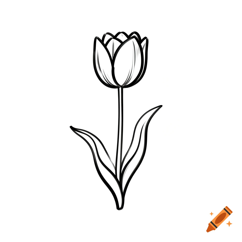 A simple black and white outline drawing of a single tulip with a stem and two leaves, like a coloring page.