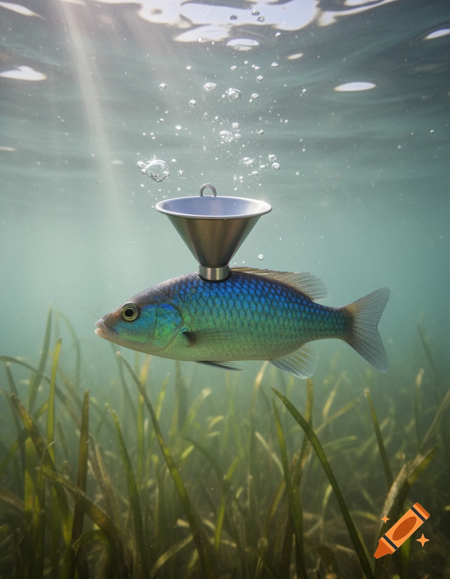 A photorealistic blue and green fish swims underwater with a metal funnel attached to its back, surrounded by seagrass and bubbles.