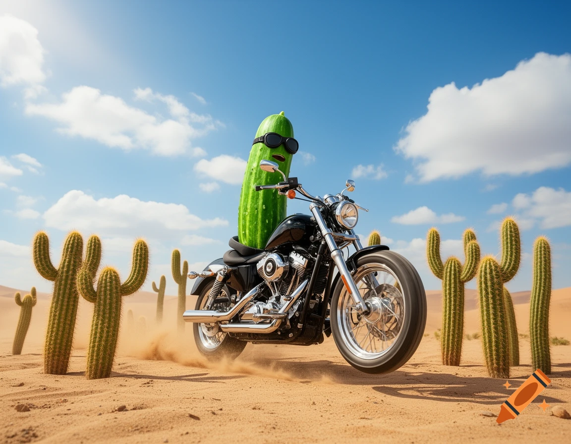 A cool cucumber with sunglasses rides a black motorcycle through a sandy desert with saguaro cacti under a blue sky.