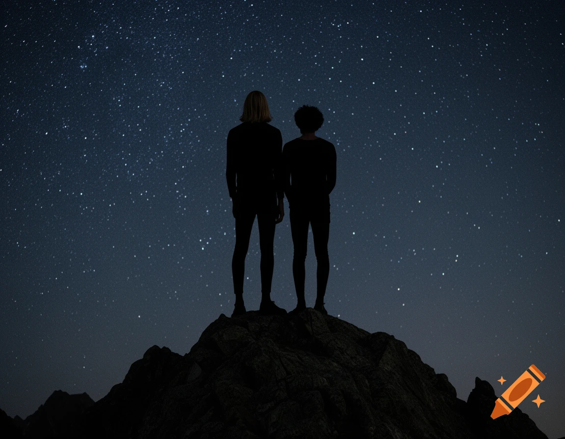 Two people stand in silhouette on a rocky mountain peak, looking at a vast, star-filled night sky.