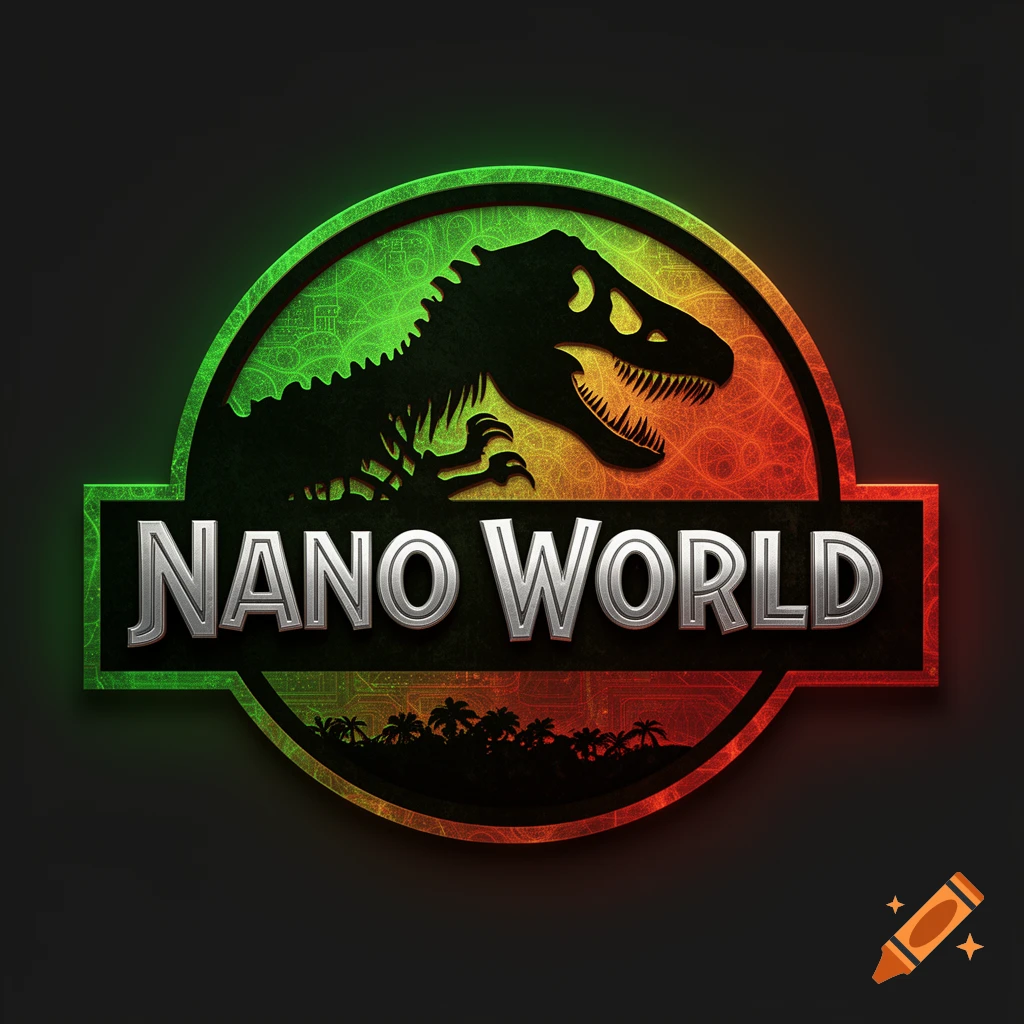 A black dinosaur silhouette and the text 'NANO WORLD' in a circular logo with green and red neon outlines and circuit patterns.