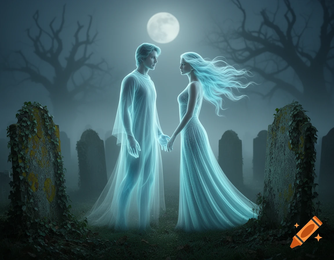 Two ethereal cyan ghosts, a man and a woman, stand hand-in-hand in a misty graveyard under a full moon.