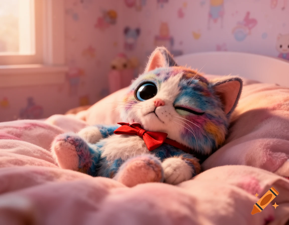 A vibrant, rainbow-colored cartoon kitten with a red bow tie winks while resting on a pink blanket in a cozy bedroom.