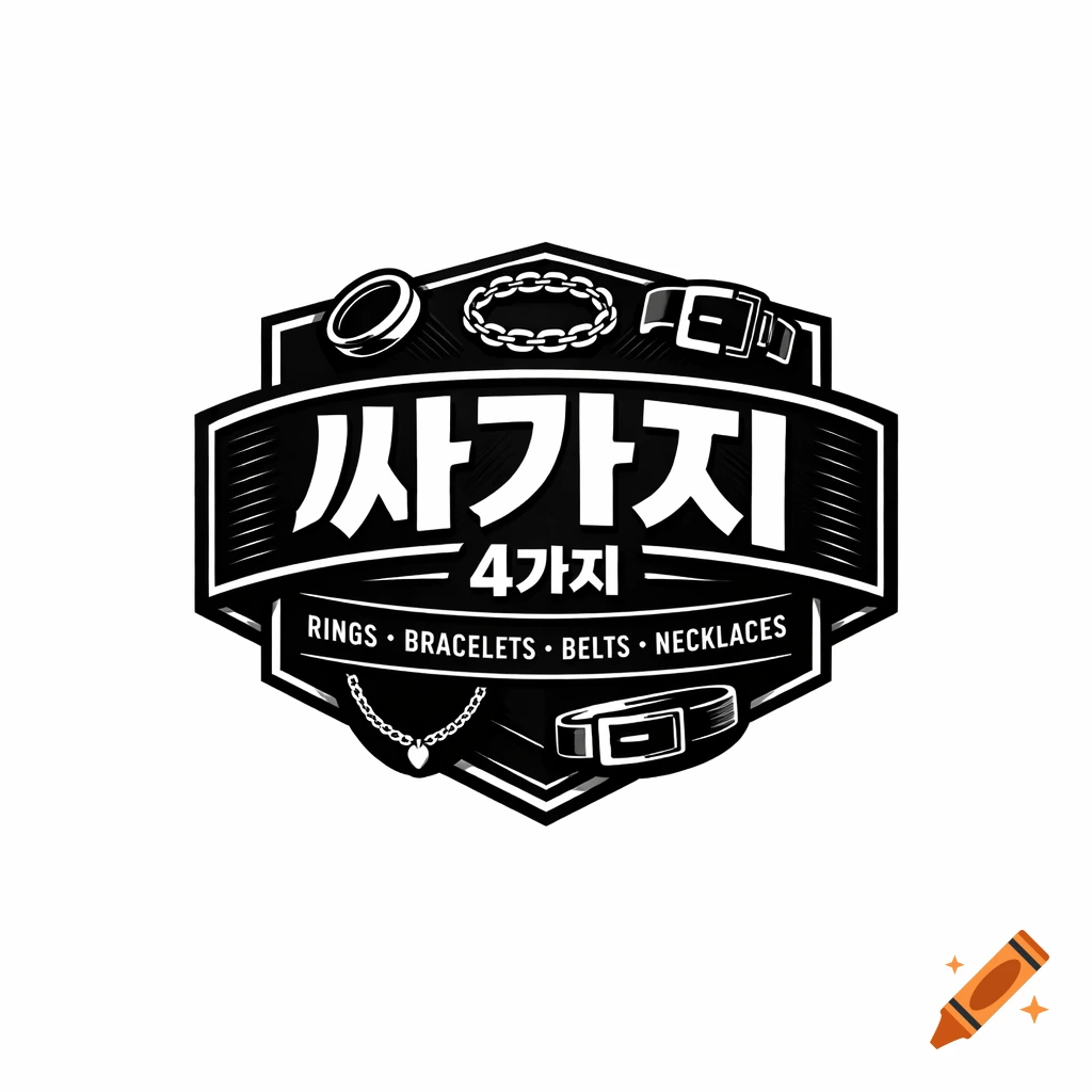 Monochrome logo for an accessory brand named '"싸가지 4가지"', featuring rings, chains, belts, and necklaces on a shield-like emblem.