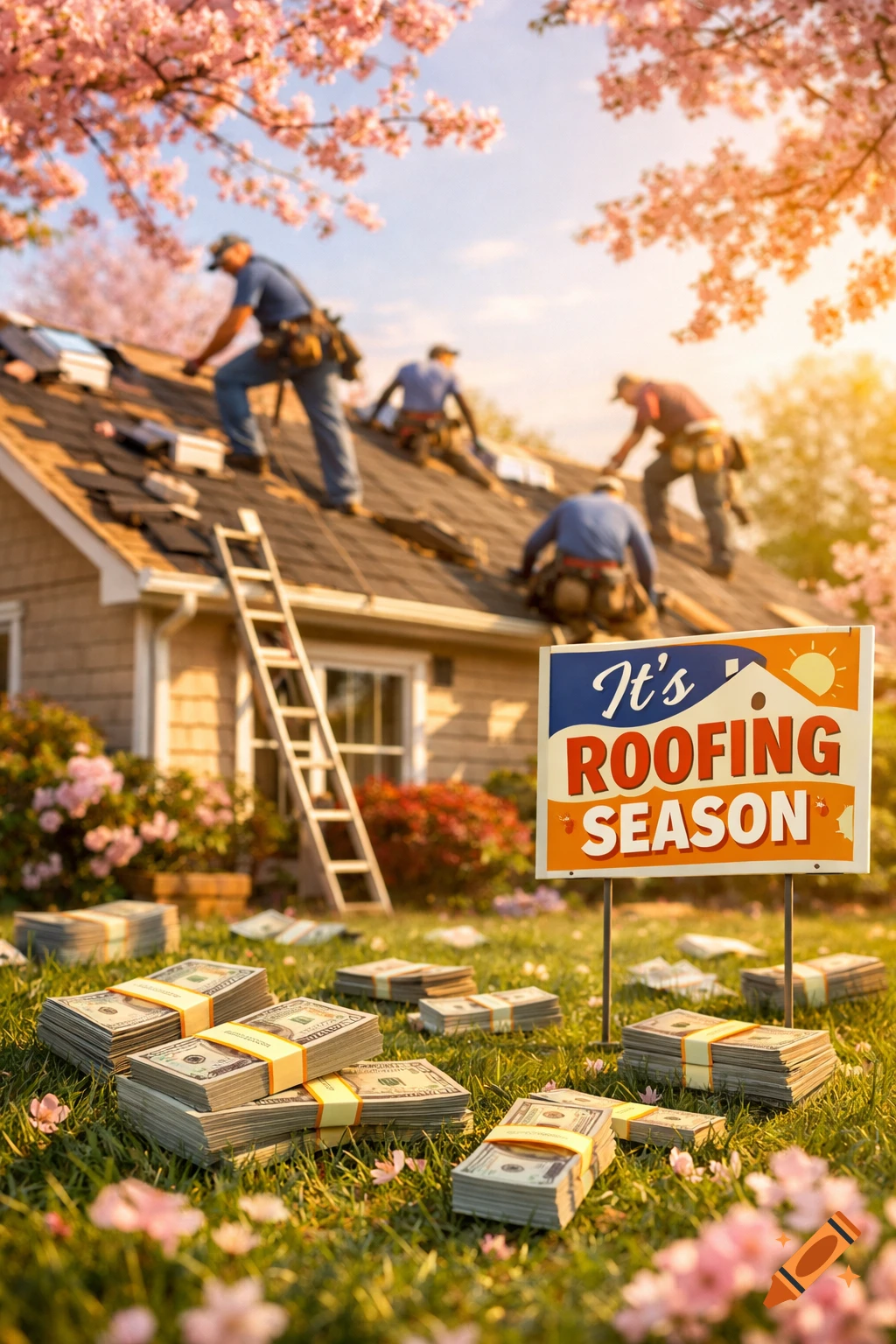 Photorealistic scene of roofers working on a house in spring, with cherry blossoms and bundles of money scattered on the green lawn. A sign says 'It's Roofing Season'.