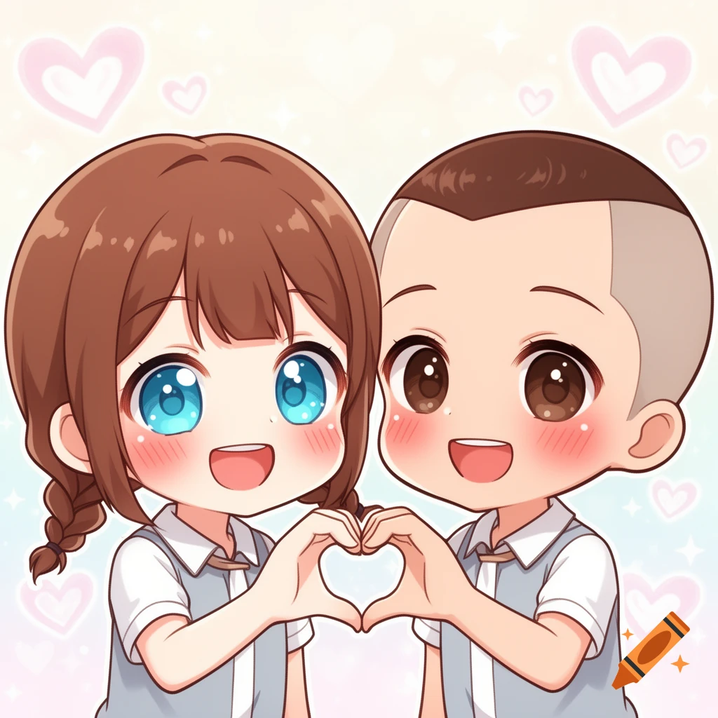 A cute chibi anime girl with brown hair and blue eyes and a boy with shaved brown hair and brown eyes form a heart with their hands, against a light background with pink hearts.