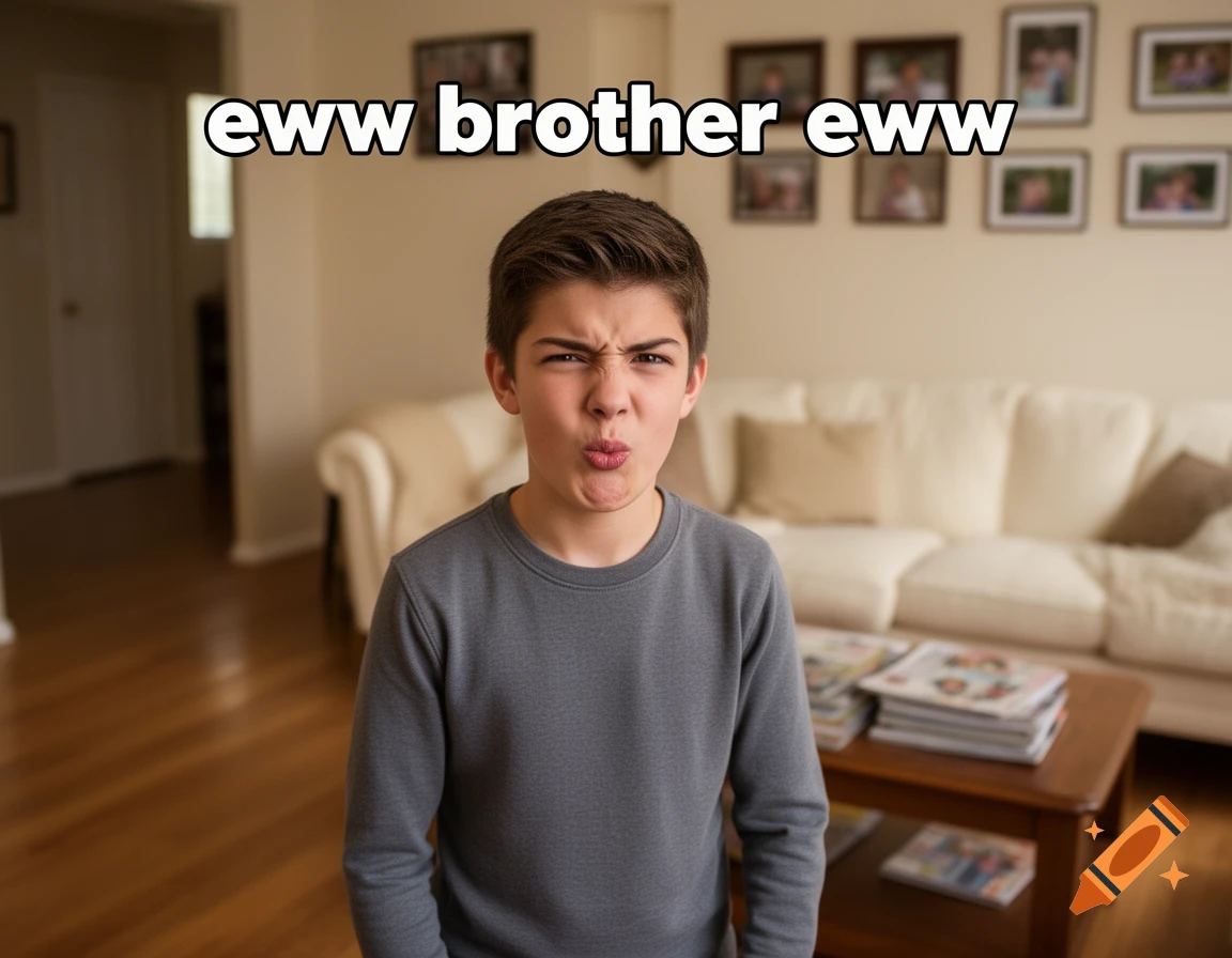 A young boy in a grey shirt makes a disgusted face, with the text "eww brother eww" overlayed above his head in a living room.
