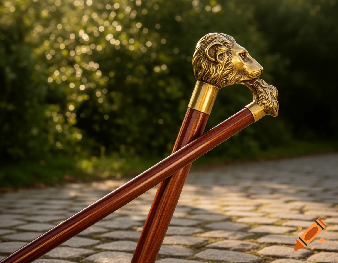 Two ornate wooden walking sticks with brass lion head handles crossed on a cobblestone path, against a blurred green background.