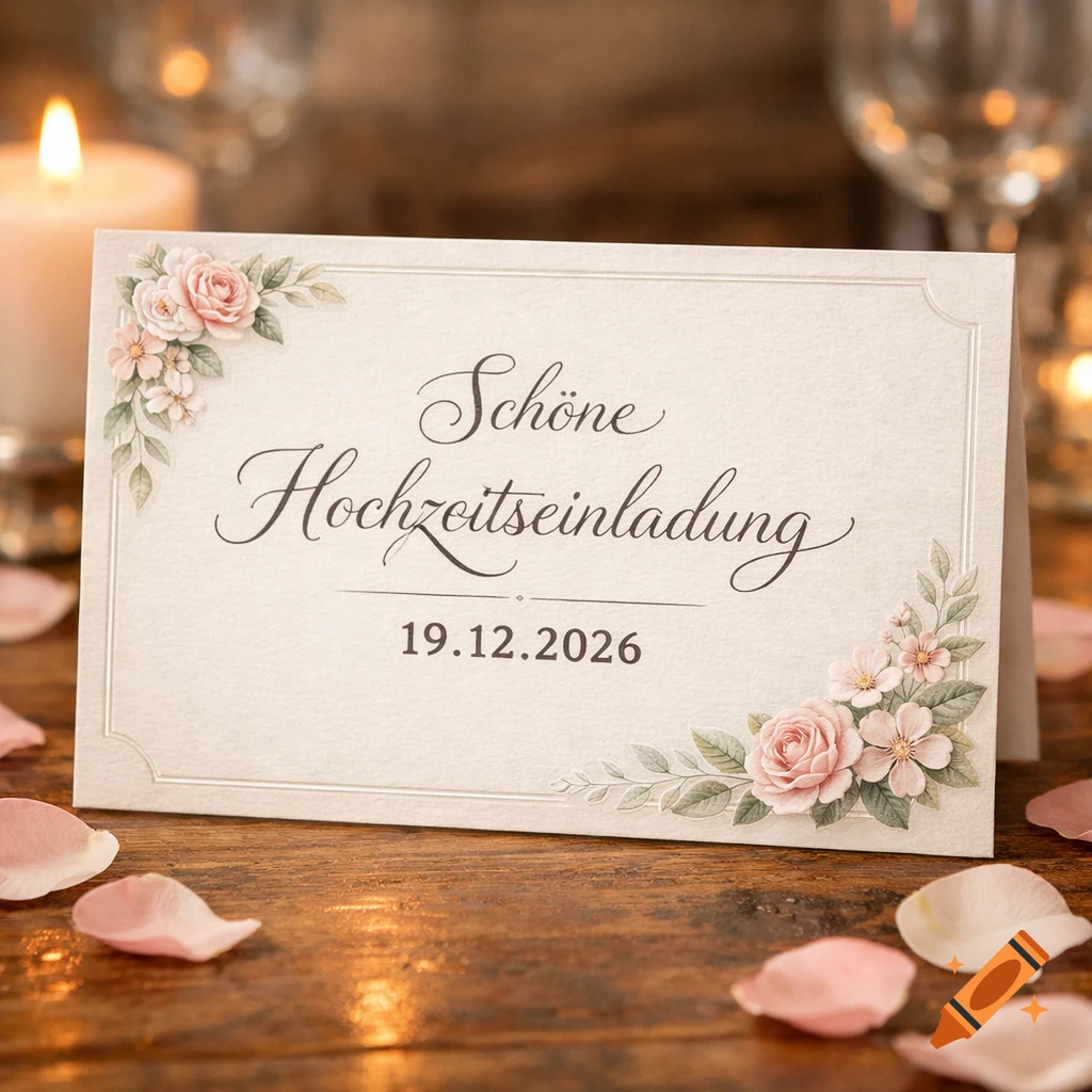 A floral wedding invitation with "Schöne Hochzeitseinladung 19.12.2026" on a wooden table with rose petals and a candle.