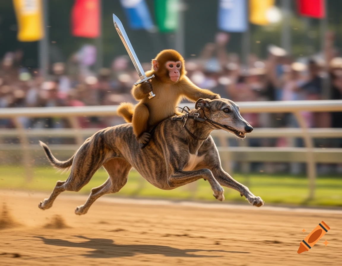 A monkey holding a sword rides a greyhound racing on a dirt track, with a blurred crowd and flags in the background.