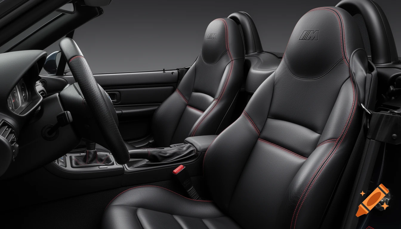 Photorealistic interior of a black BMW Z3 M Roadster with red contrast stitching on Nappa leather seats and steering wheel.