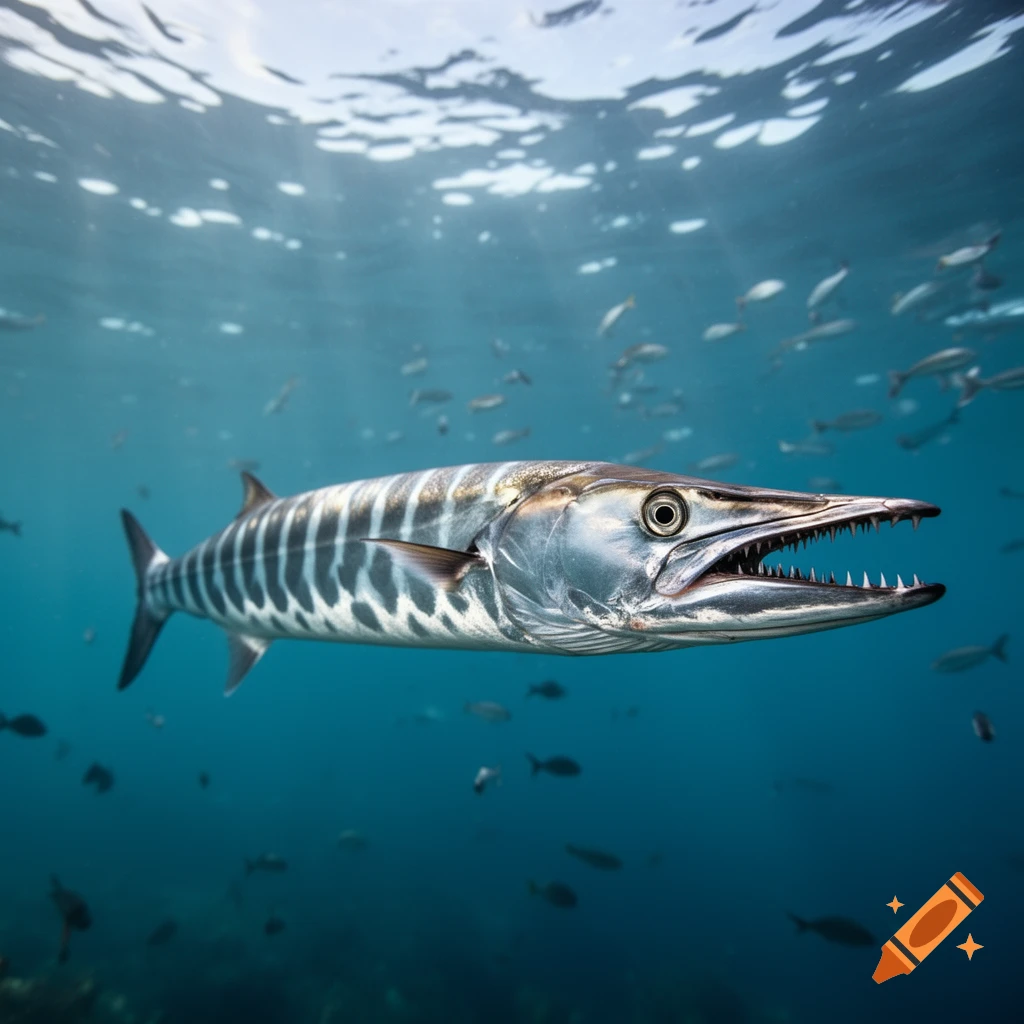 A photorealistic barracuda with sharp teeth swims underwater, light filtering from the surface.