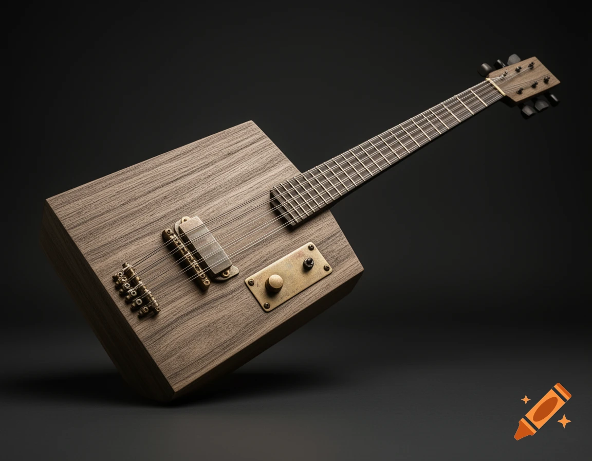 Brutalist-style electric guitar/saz made of wood with brass hardware against a dark background, studio shot.
