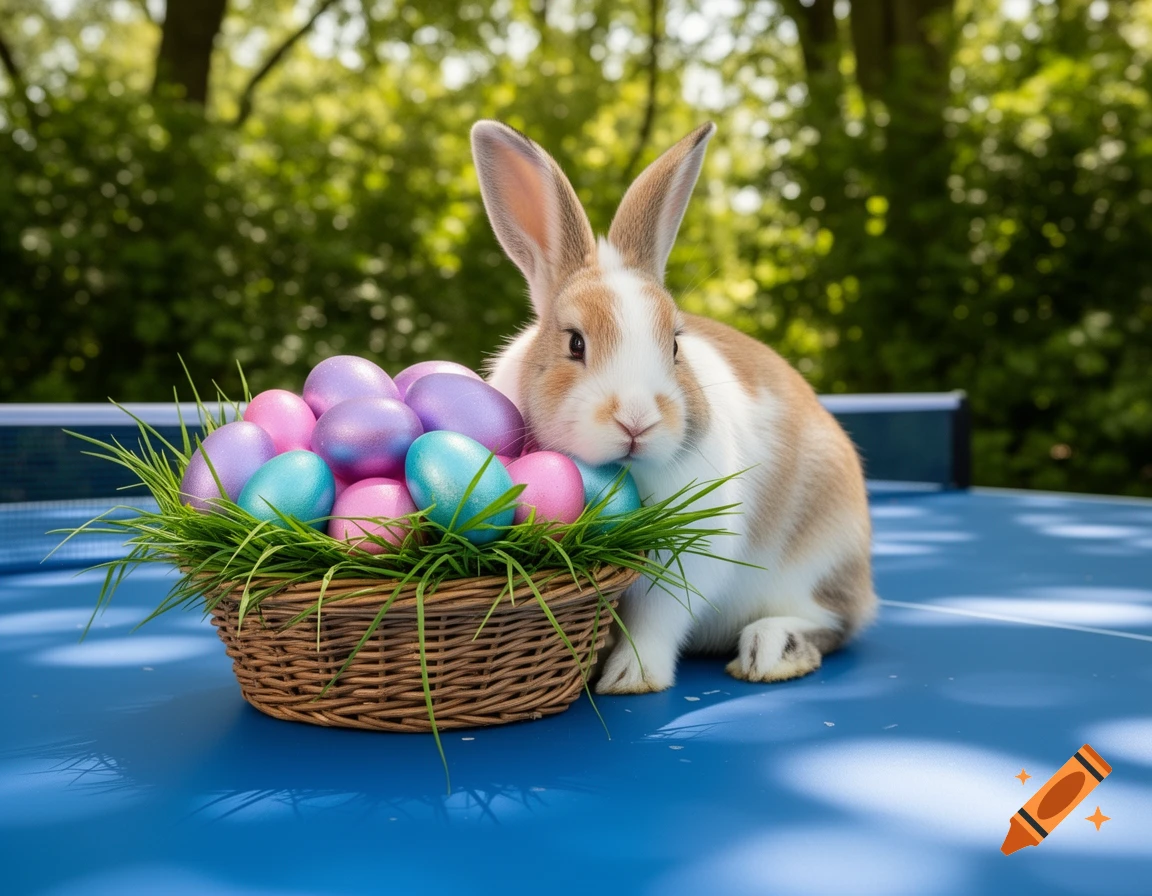 A cute brown and white bunny sits next to a wicker basket filled with colorful Easter eggs on a blue ping-pong table outdoors.