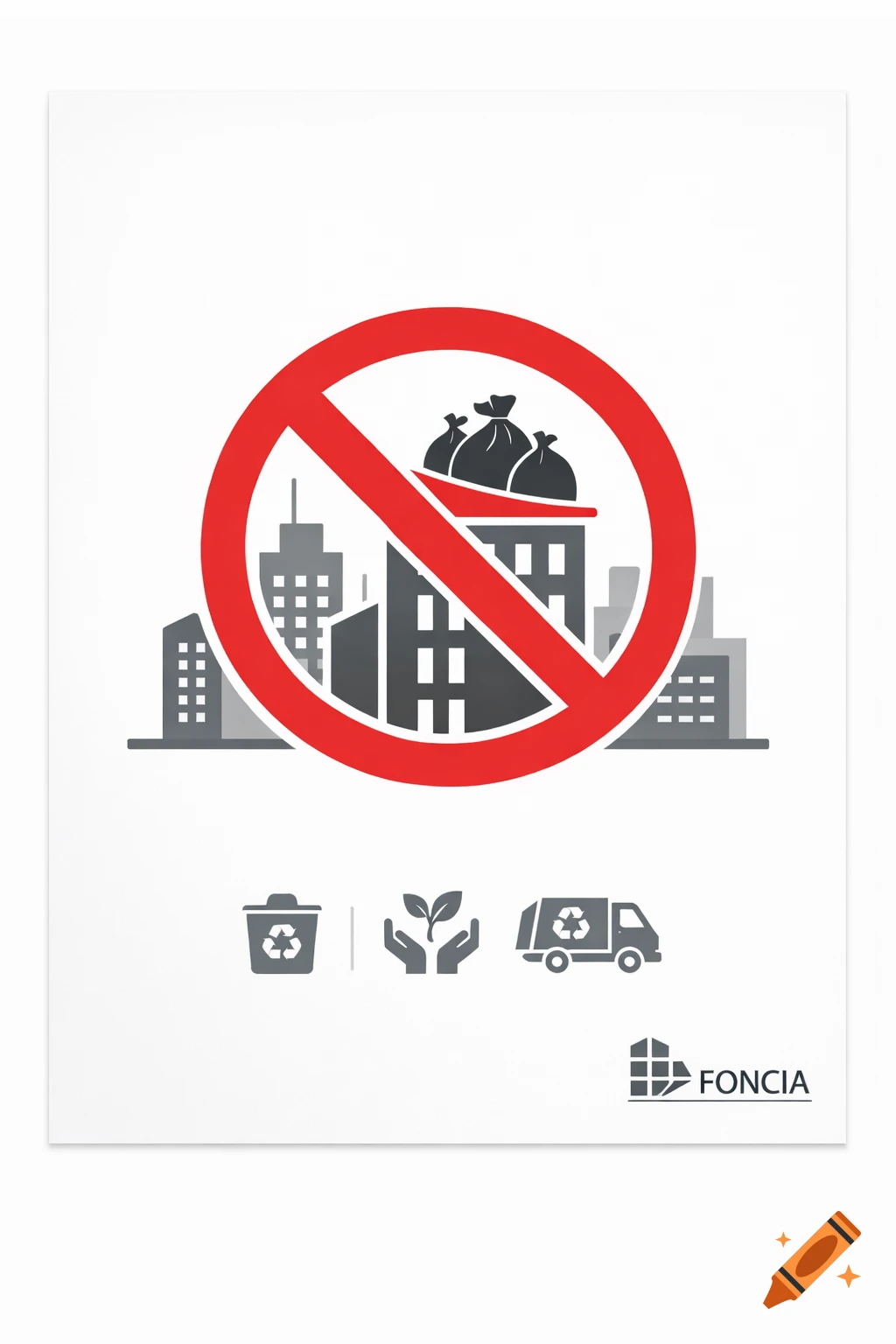 Pictogram showing a red 'no' symbol over garbage bags on a city building. Includes recycling icons and 'FONCIA' logo. Clean illustration style.
