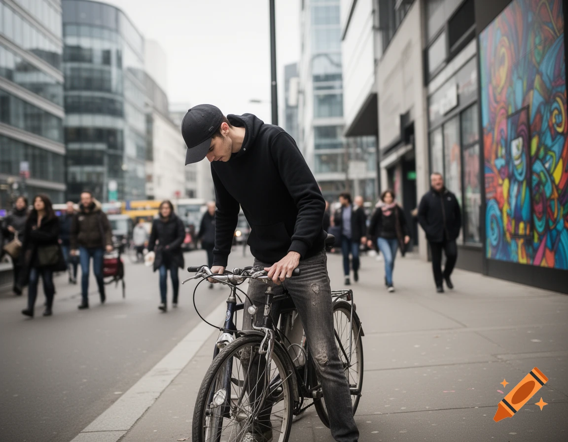 A man in a black hoodie and cap stands next to a bicycle on a city sidewalk, with blurred pedestrians and buildings in the background.