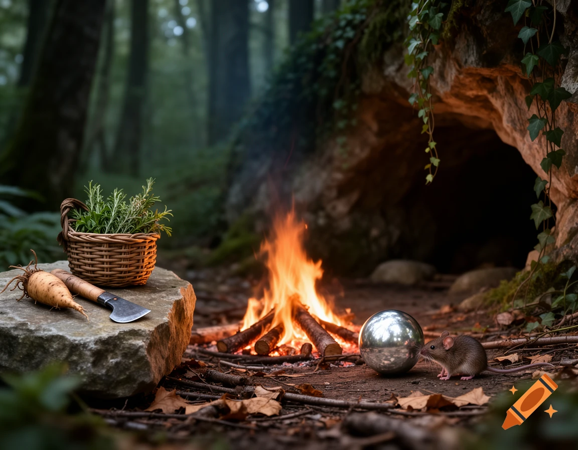 A photorealistic mouse approaches a silver sphere by a campfire, with a basket of herbs and tools on a rock, in a forest by a cave.