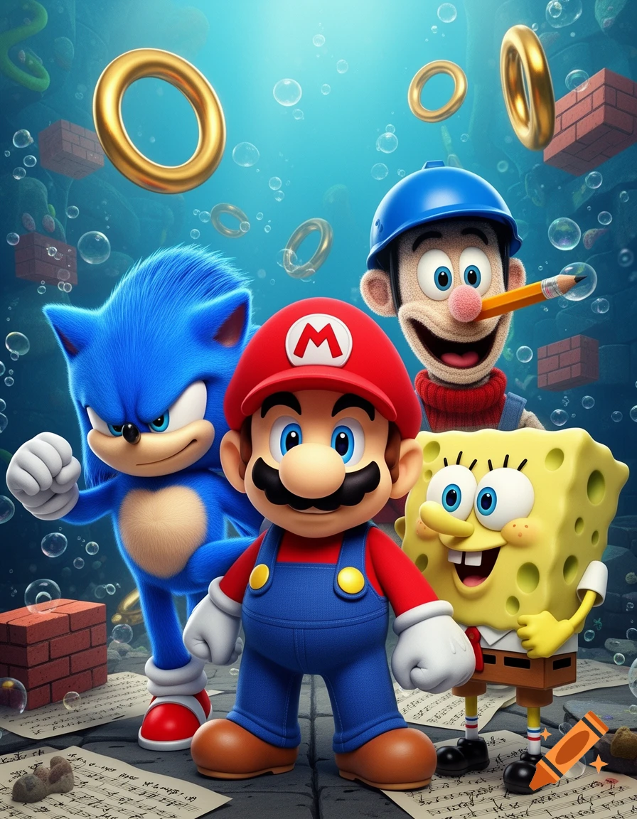 Sonic, Mario, Spongebob, and Jeffy-like character stand underwater with golden rings and brick blocks floating around them. Papers with illegible text are on the ground.