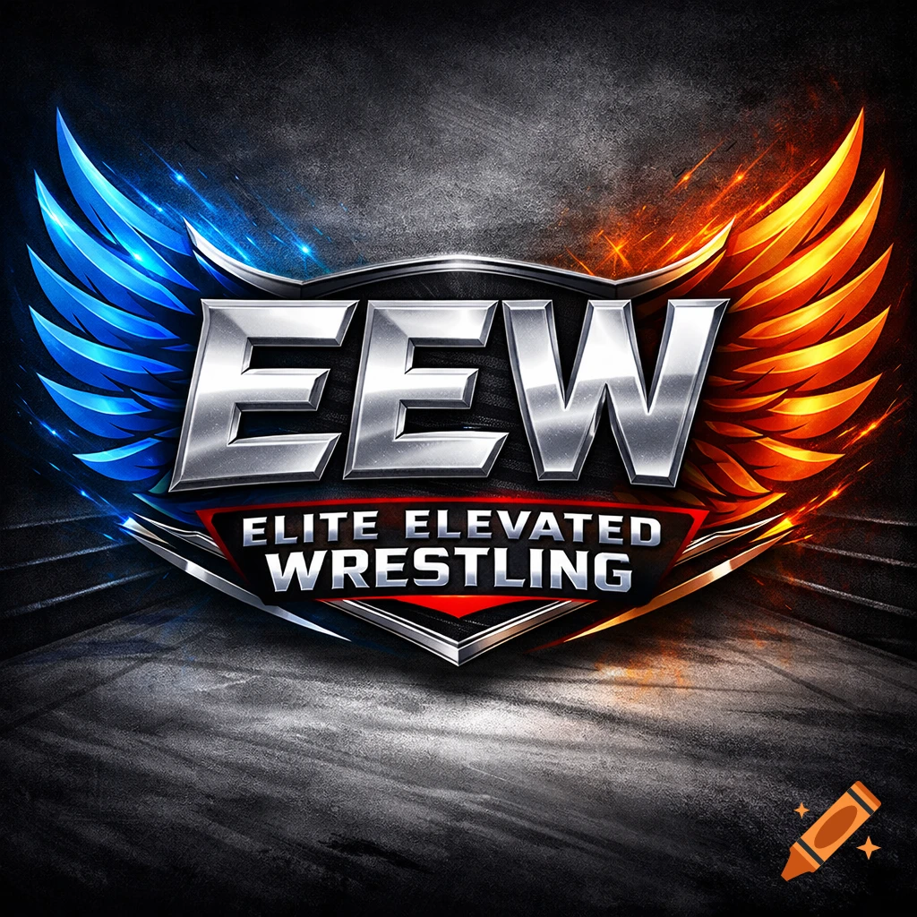 Metallic EEW (Elite Elevated Wrestling) logo with glowing blue and orange wings on a dark, grunge background.