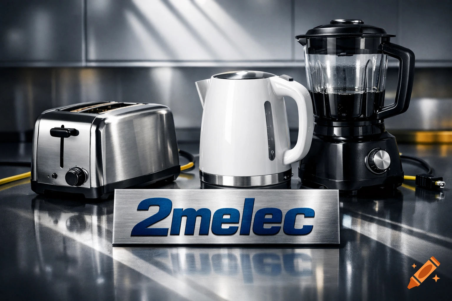A photorealistic image of a silver toaster, white electric kettle, and black blender on a metallic kitchen counter, with a '2melec' sign in front.