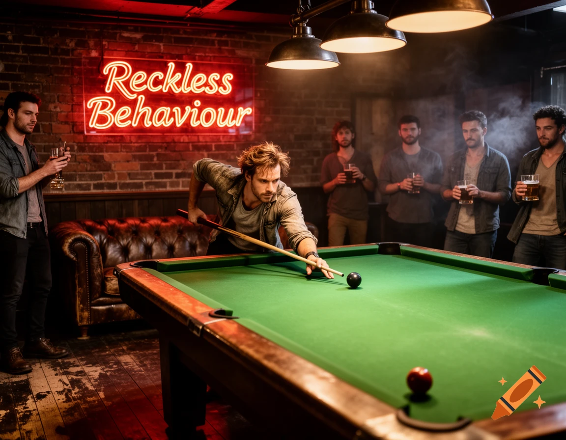 A group of men playing billiards in a dimly lit bar with a neon sign that reads 'Reckless Behaviour'.