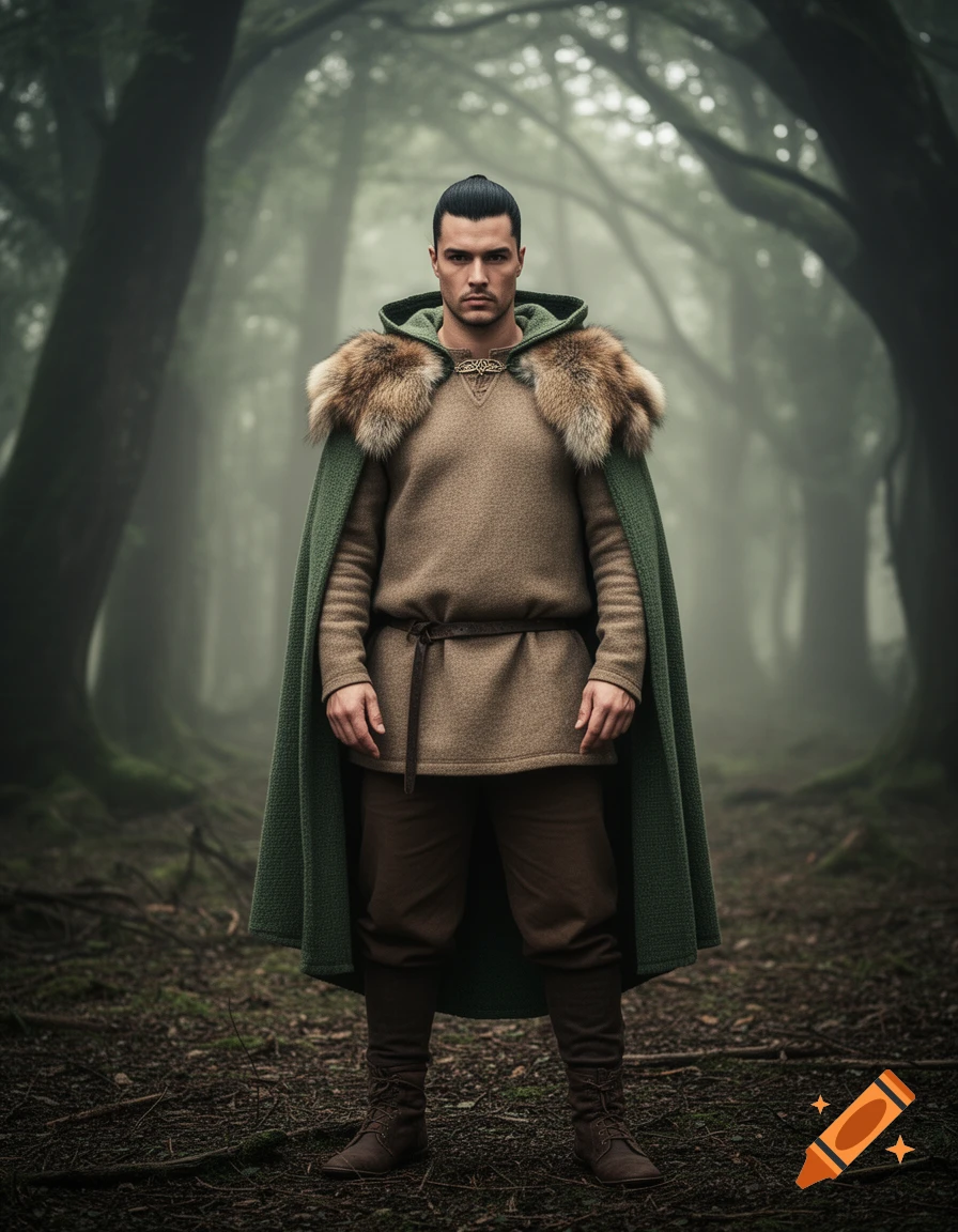 A photorealistic man with tied-back black hair, wearing a light brown tunic, brown trousers, and a green fur-shouldered cloak, stands in a misty forest.