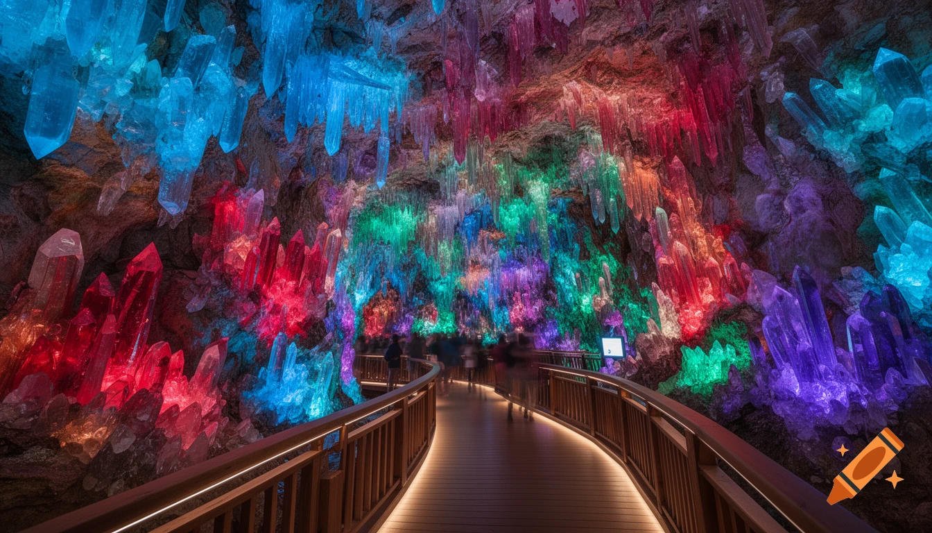 A vibrant crystal cave tour with a winding wooden path illuminated by colorful red, blue, green, and purple crystal formations.