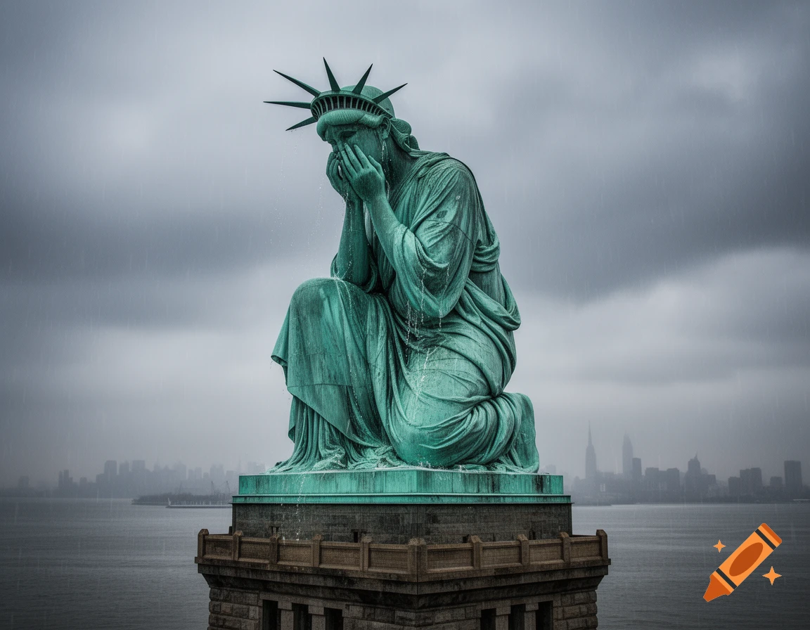 The Statue of Liberty kneels on its pedestal, covering its face as if crying in the rain, with a moody city skyline in the background.