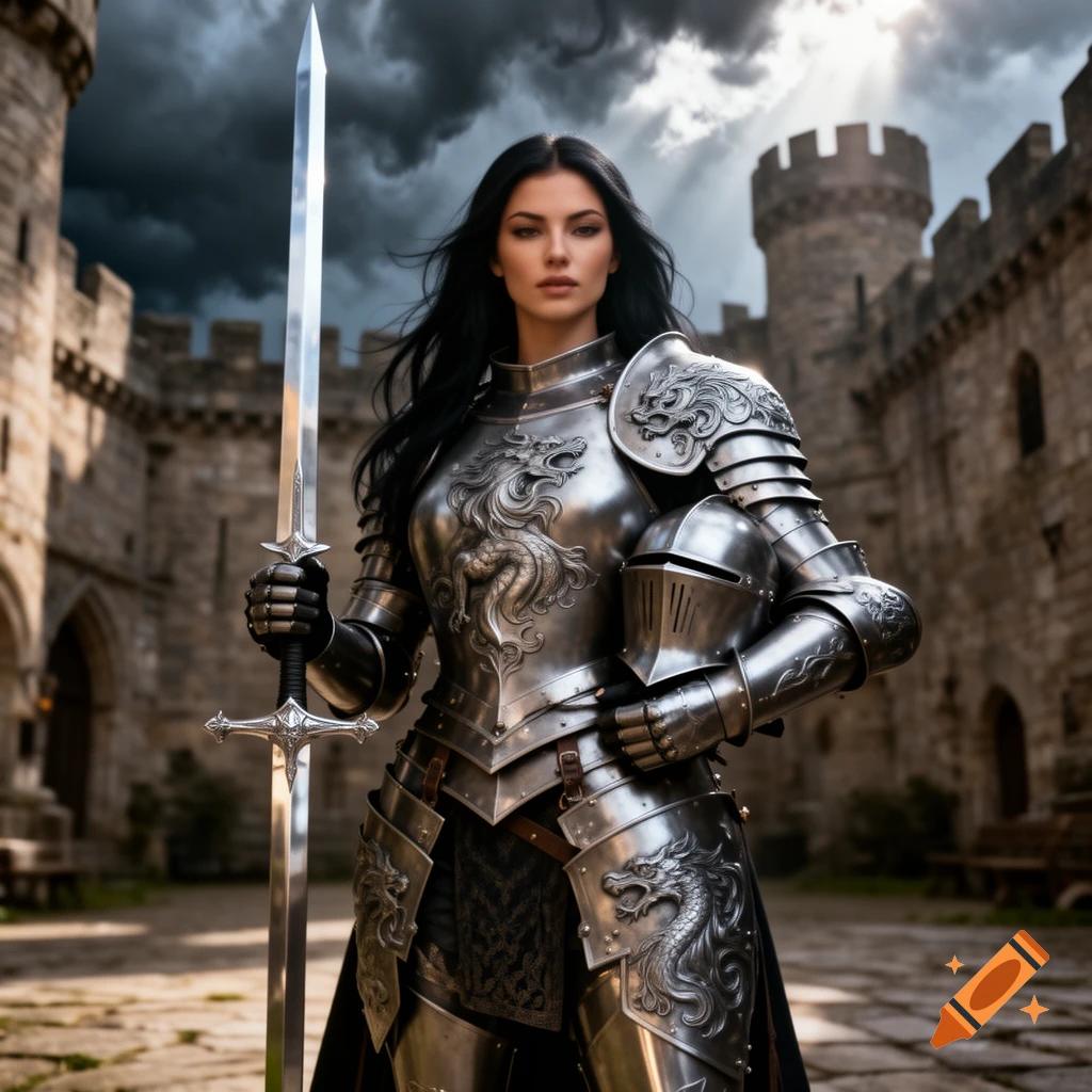 A strong female knight with long dark hair, clad in ornate silver armor with dragon engravings, stands in a castle courtyard holding a sword and helmet under a dramatic sky.