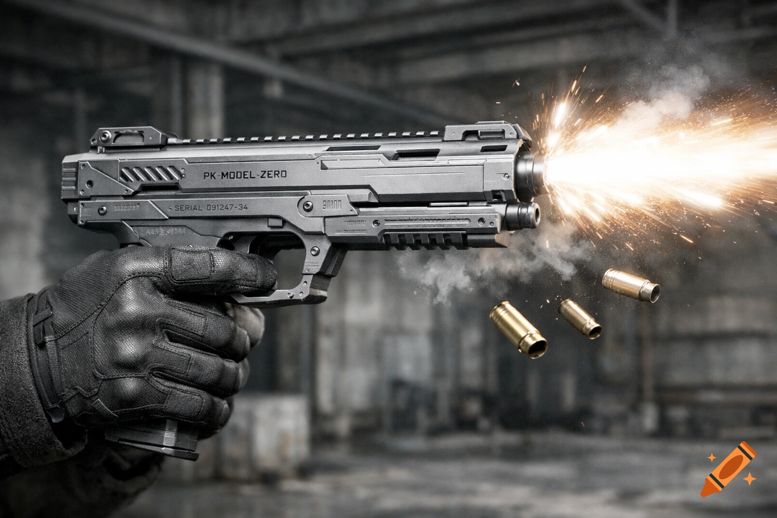 A gloved hand holds a futuristic matte-grey gun firing with a bright muzzle flash and ejecting shell casings in an industrial setting.