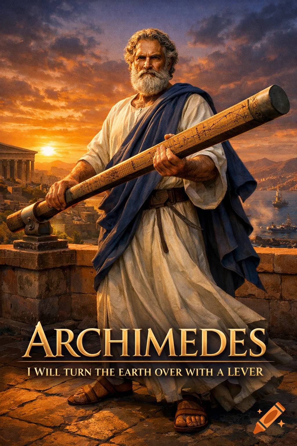 Archimedes, an old man with a beard, holds a large wooden lever on a stone terrace overlooking an ancient city at sunset. Text: ARCHIMEDES I WILL TURN THE EARTH OVER WITH A LEVER.