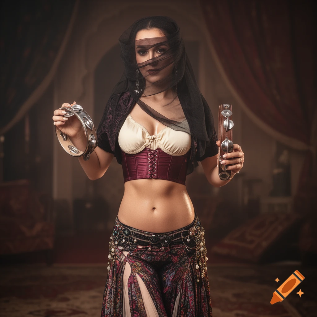 A woman in belly dancing attire, with a sheer veil over her face, holds two tambourines in a dimly lit, ornate room.