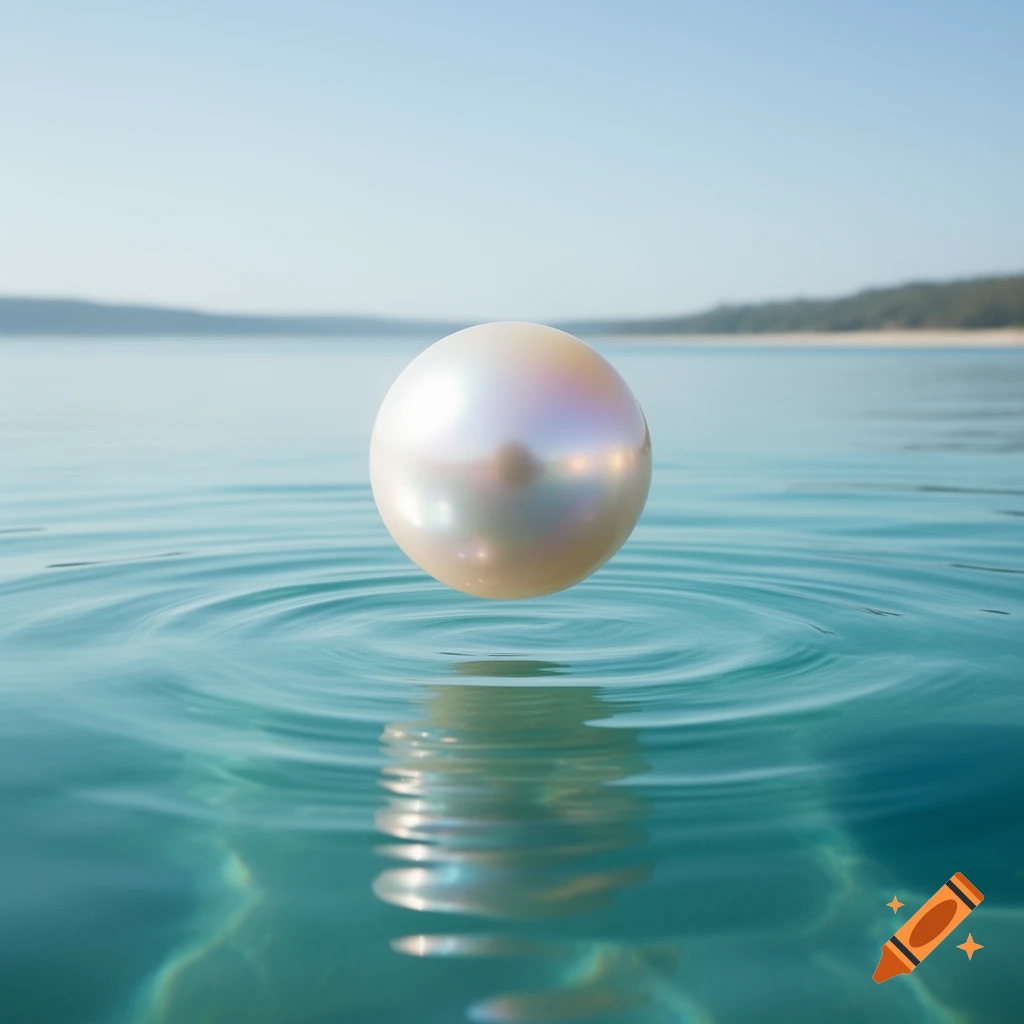 An iridescent white pearl floats just above the surface of calm aquamarine water, creating gentle ripples.