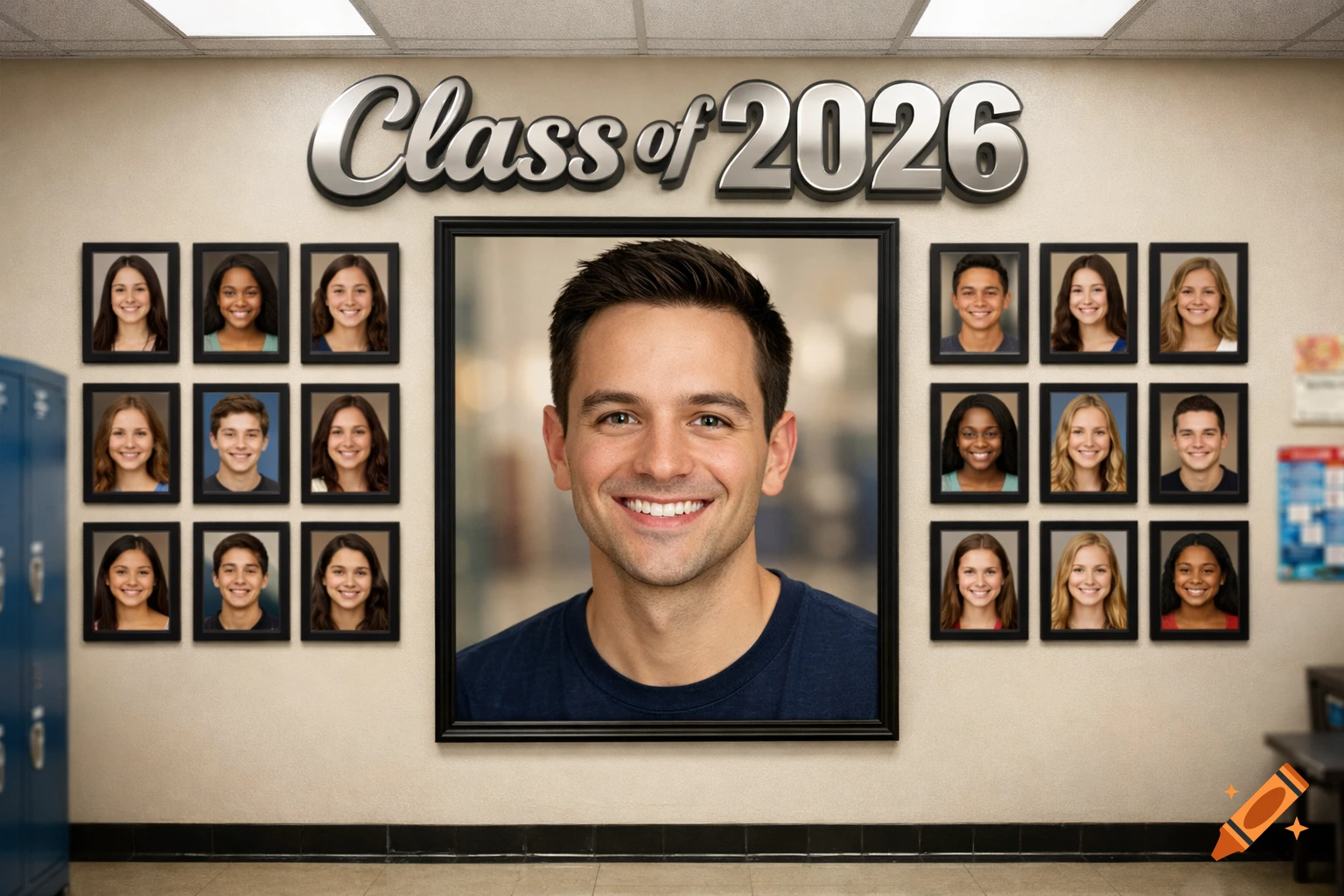 A smiling man's large portrait hangs on a school hallway wall, surrounded by smaller student portraits and the text "Class of 2026".